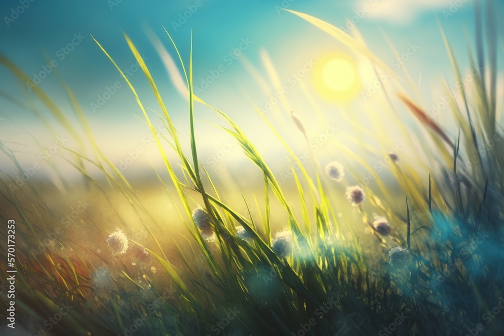 Sunlight drenched spring grass with a blurry sky in the background. Generative AI