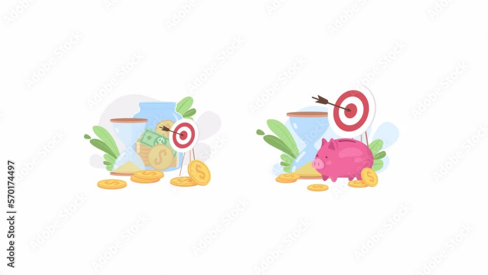 Animated reach financial goals set. Saving money. Time period. 4K video footages. Concepts animation. Looped 2D cartoon flat objects pack on white with alpha channel transparency for web design Animated reach financial goals set. Saving money. Time period. 4K video footages. Concepts animation. Looped 2D cartoon flat objects pack on white with alpha channel transparency for web design
