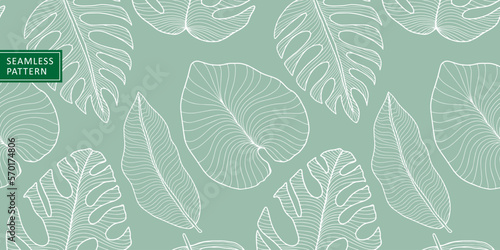 Minimalistic tropical vector seamless pattern with monstera leaves, palm leaves, banana leaves for textiles, wrapping paper, covers and wallpapers
