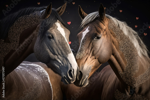 Pareja de caballos enamorados, imagen para el día de San Valentín, día del amor y la amistad, 14 de febrero, ilustración hecha con inteligencia artificial, ai generativa, ia art, generativa, ia photo