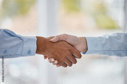 B2B partnership meeting or business people handshake for welcome, collaboration or company teamwork. Diversity, networking or shaking hands for success deal, thank you or corporate support and trust