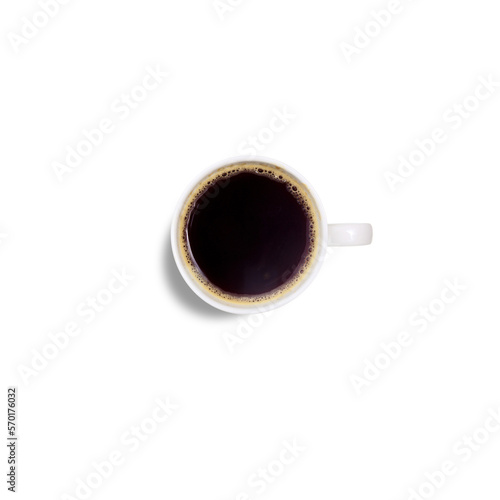 Black coffee in a cup of coffee, top view, isolated on white background.