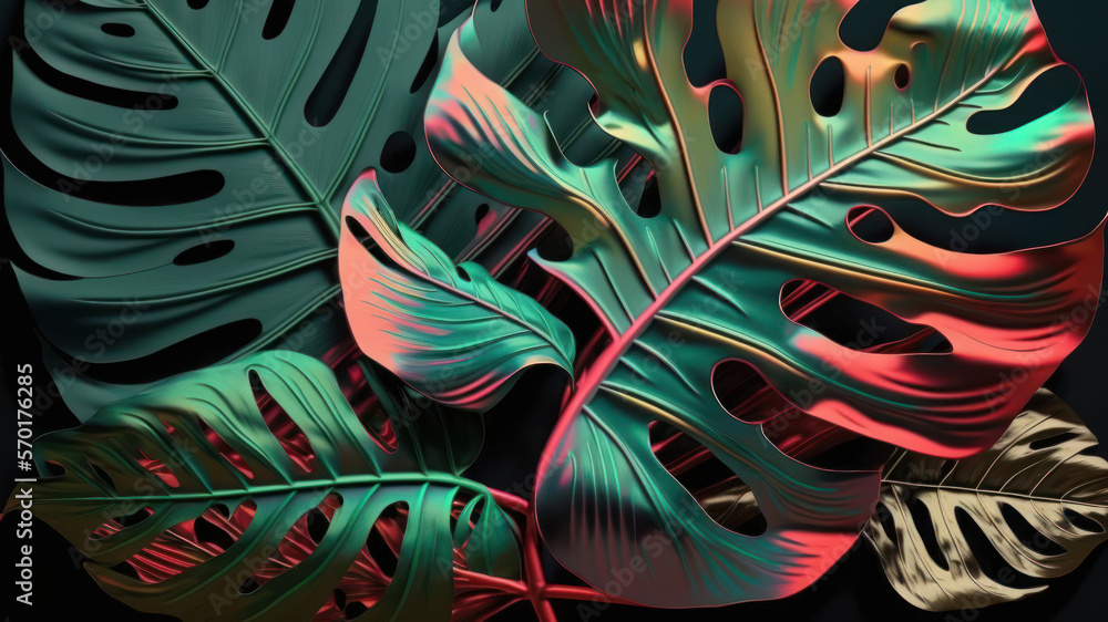 Obraz premium Bold metallic tone color of tropical monstera and palm leaf background. Generative ai.