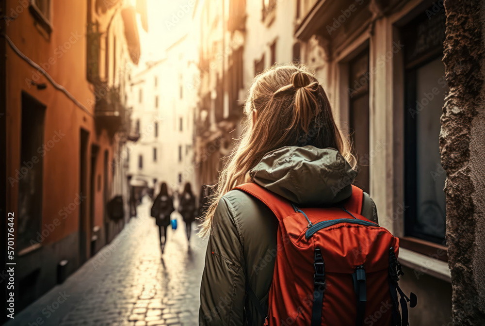 Naklejka premium Woman backpacker travel sightseeing city around the world on vacation. Generative ai