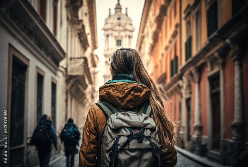 Woman backpacker travel sightseeing city around the world on vacation. Generative ai