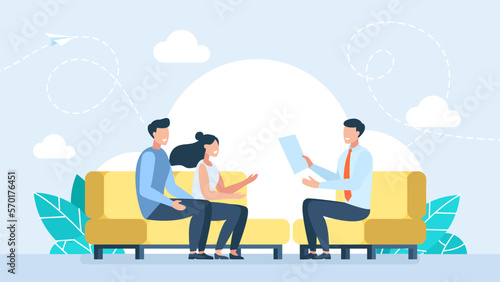 Agent speaking with young couple. Offering the best mortgage deal. Consultation. Mortgage broker consulting couple, good deal financially, real estate business, brokerage company. Vector illustration