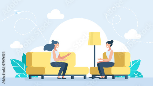 Dialog and communication between people. Couple of girlfriends talking. Female friends sitting on comfy sofa. Happy smiling women chatting and relaxing on couch together at home. Vector illustration