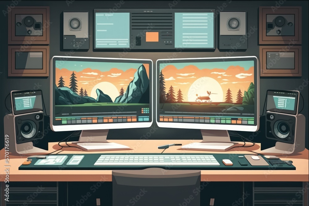 Vacant creative multimedia studio with a dual monitor setup and a