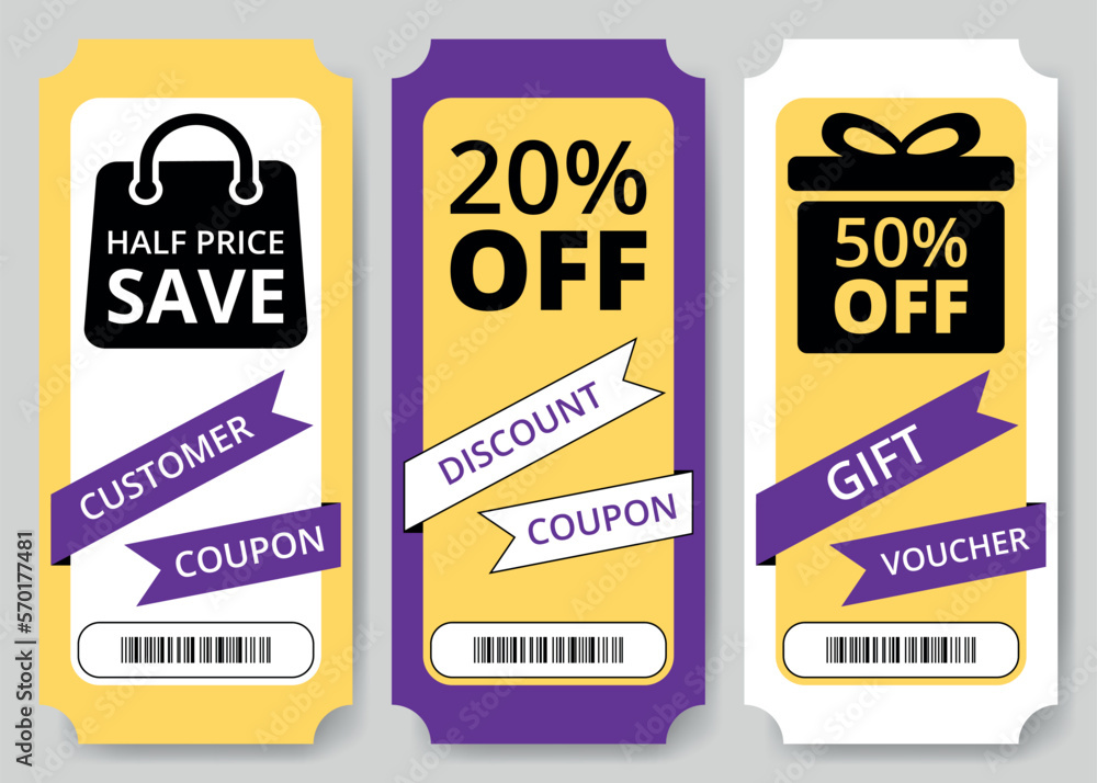 Set of discount coupons, gift vouchers for shopping. Vector illustration
