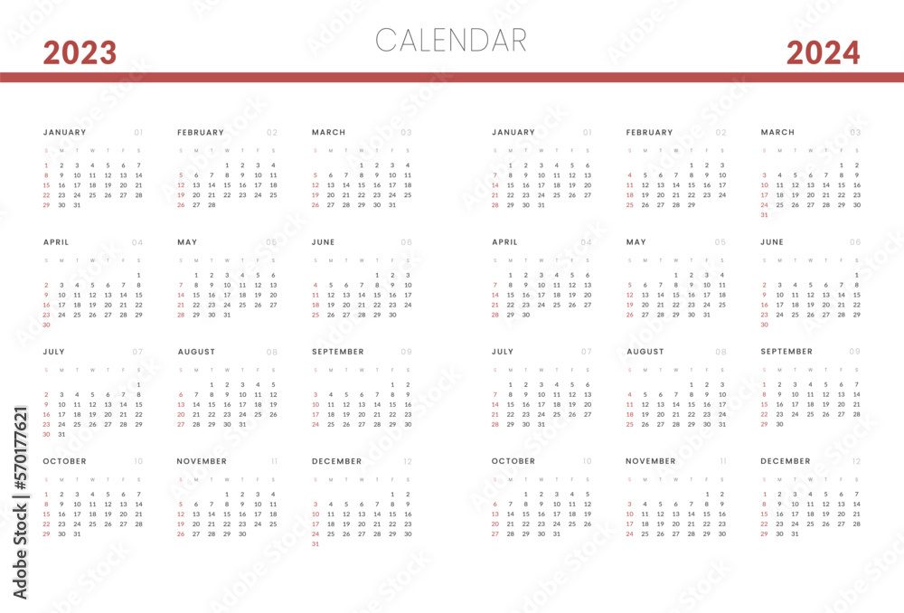 Set of 20232024 Annual Calendar template. Vector layout of a wall or