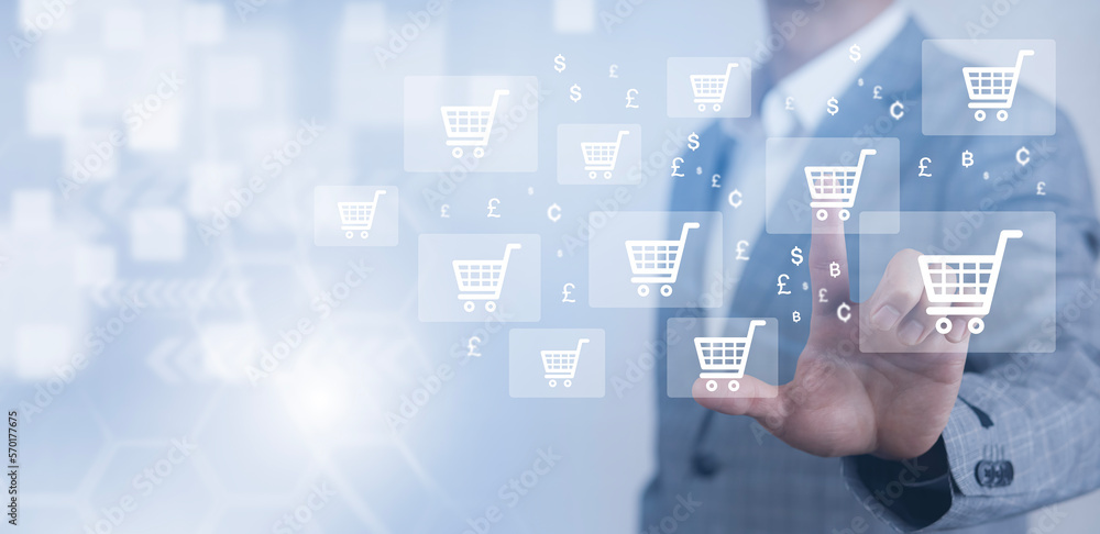 Businessmen hand touch bar online shopping concept, marketplace website with the virtual interface of online Shopping cart part of the network, Online shopping business with selecting shopping cart. Businessmen hand touch bar online shopping concept, marketplace website with the virtual interface of online Shopping cart part of the network, Online shopping business with selecting shopping cart.