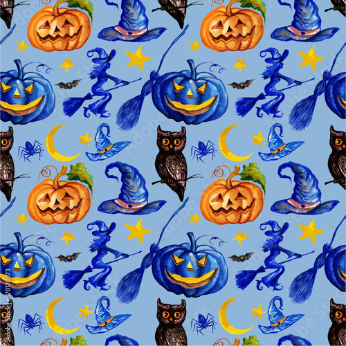 Elegant Halloween and pumpkin seamless pattern watercolor card, perfect for holiday cards, festival backdrops and more