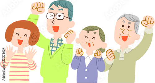 左向きで喜ぶ若い夫婦とシニアの夫婦　輪郭線なし
