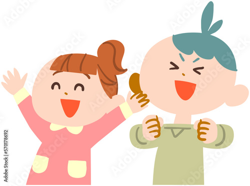 左向きで喜ぶ男の子と女の子　輪郭線なし
