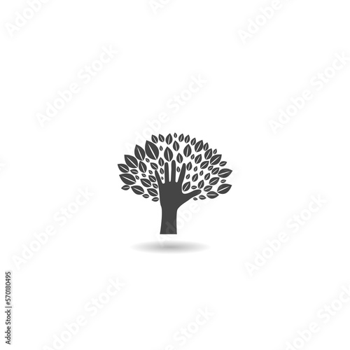Human hands and tree with leaves icon with shadow