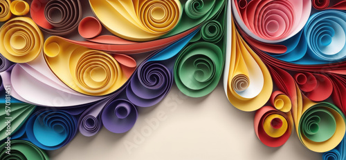 Colored paper that has been curled and rolled into an abstract panel. Quilling banner with copy space on a white background. Paper quilling is a hobby. Generative AI photo