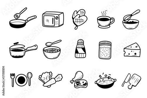 Set of kitchen and cooking icons in cute doodle design isolated on white background