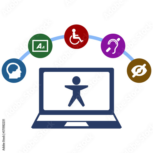 Web Accessibility illustration in a half round with laptop computer