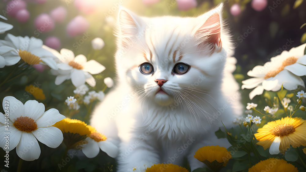 Illustration of a white Persian  kitten hiding between flowers. Generative AI Art