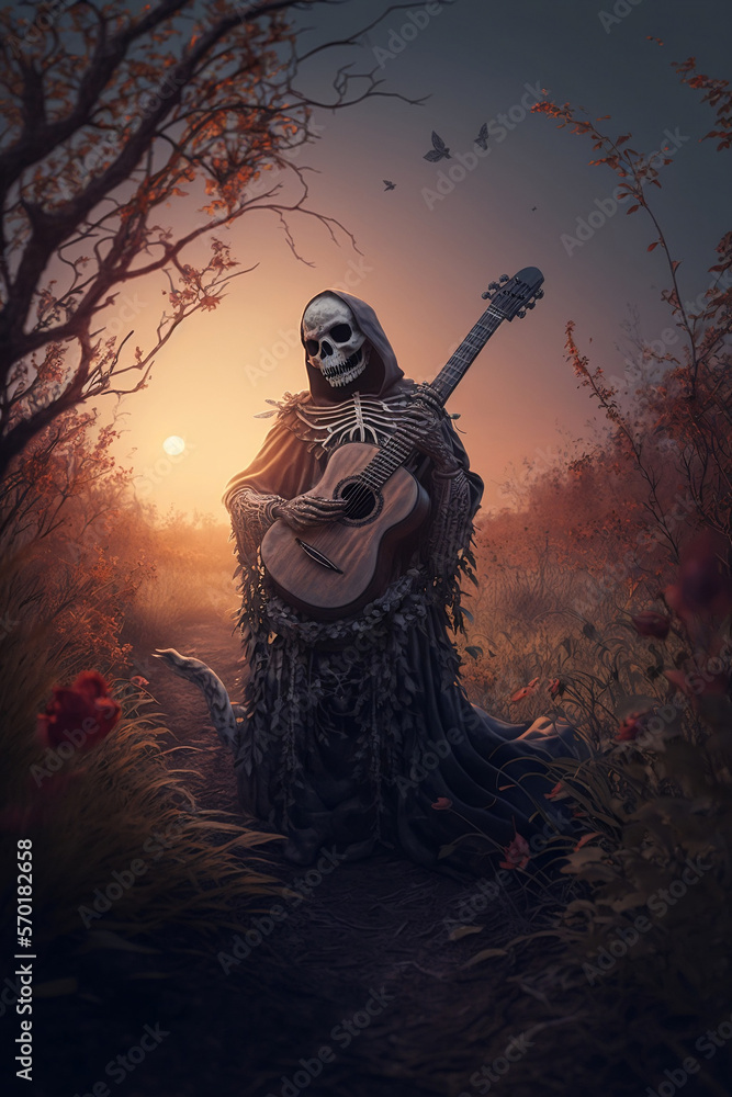 The Death Melancholic Guitarist's Final Serenade: A Dark and Mysterious Journey into the Forest of Destiny illustration ai generative