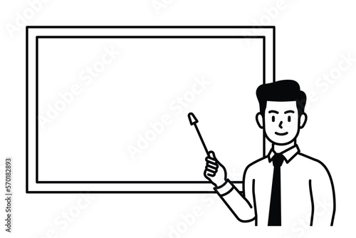 A business man or teacher who points to the whiteboard to explain and guide.