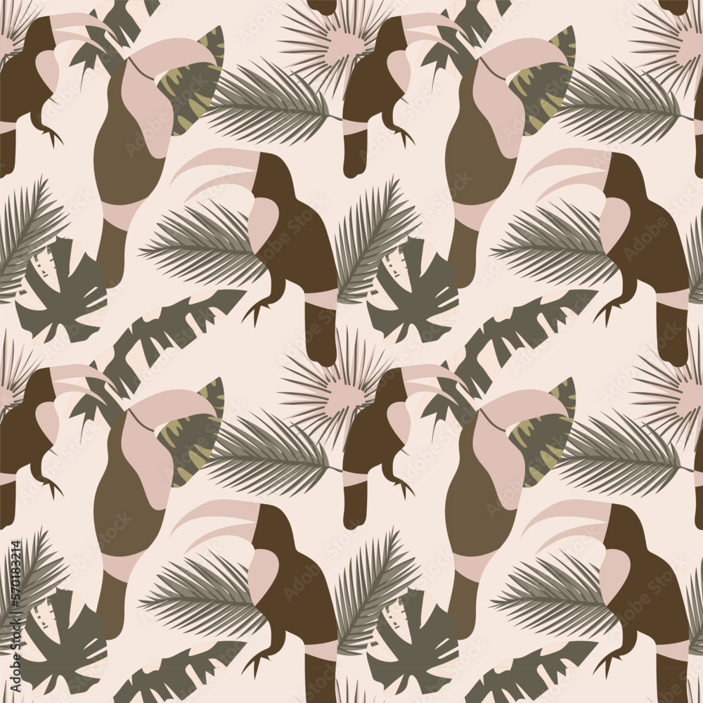 Vector seamless pattern of cute colorful toucan in colorful boho style. Can be printed and used as wrapping paper, wallpaper, textile, apparel etc.