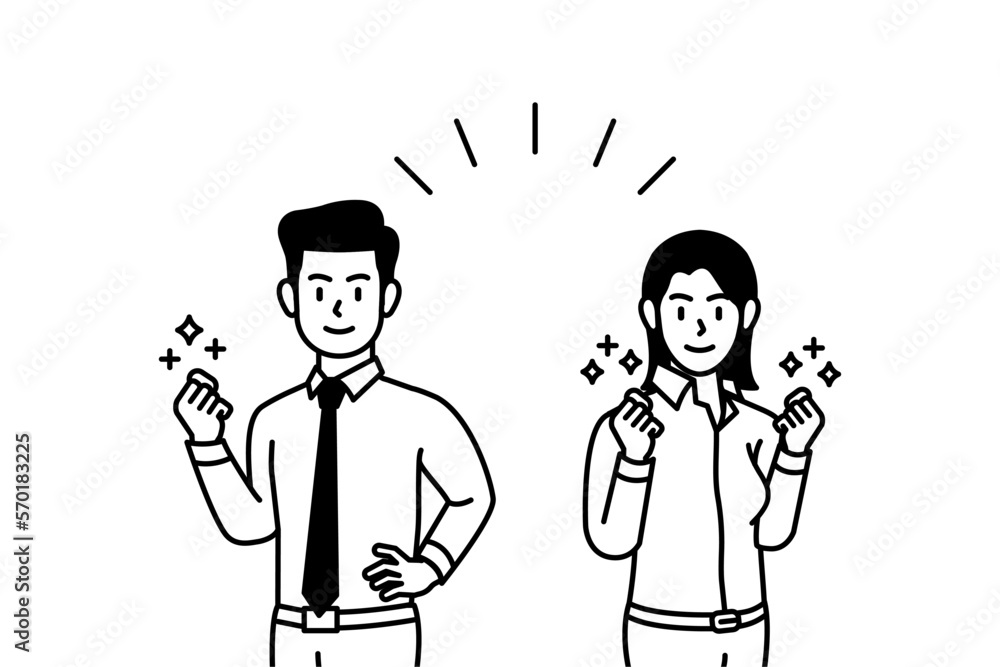 Cartoon illustration of a businessman and business woman clenching their fists in a cheerful and positive attitude