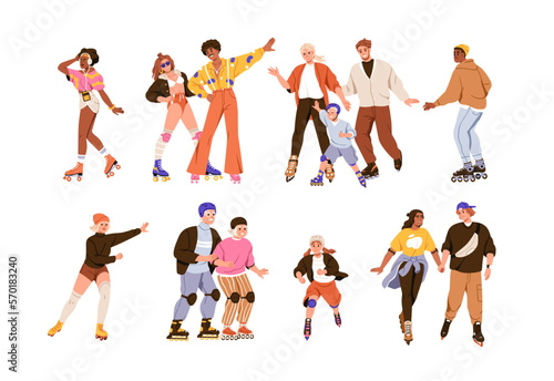People roller skating set. Happy men, women, child skaters on rollerblades. Family, old couple, young friends, teen during fun sport activity. Flat vector illustrations isolated on white background