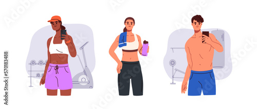 Person in sportswear in gym. Man, woman in fitness apparel, holding water bottle, towel, taking photo of body on mobile phone during workout. Flat vector illustrations isolated on white background