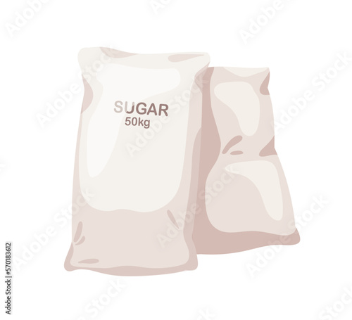 Sugar bags, big wholesale packages. Sweet beet ingredient packed in 50 kg industry sack. Beetroot sweetener bulk. Flat vector illustration isolated on white background