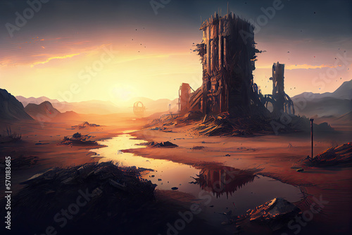 Dystopian apocalyptic landscape. futuristic illustration. AI generated 