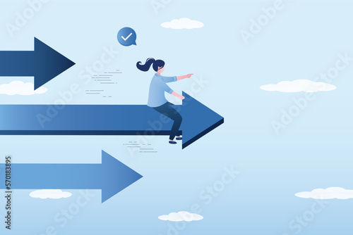 Businesswoman rides on big arrow. Take first place and win, business competition to be number one. compete and beat competitors. Most advanced, successful entrepreneur or employee.