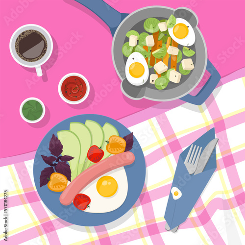 Plate with breakfast on a pink tablecloth. Checkered tablecloth. Egg breakfast. vector illustration eps10