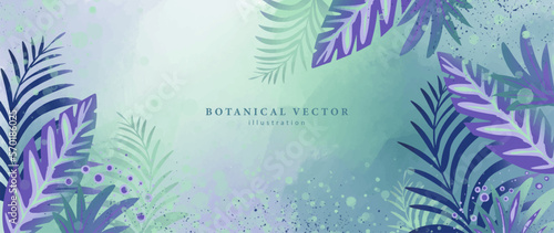 Bright botanical vector illustration with monstera leaves, fern, palm leaves in turquoise purple tones for decor, covers, wallpapers