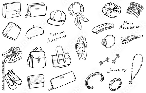 おしゃれアイテム　イラストセット　線画　手描き　1色