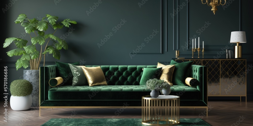 Obraz premium Elegant living room interior with modern design, green velvet sofa, furniture, gold decoration carpet, copy space, pillow and stylish personal accessories. Template. Generative AI