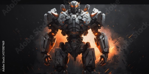 Space soldier in a mech on a dark background. Robot warrior in the military of the future made of white and gray metal. Robot with scraped metal armor. With orange paint, a large robot mech. in front