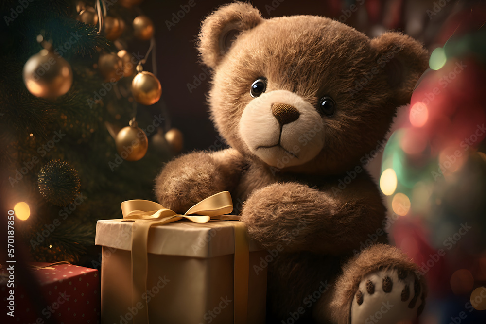 Portrait d'un nounours au pied du sapin de noël avec les cadeaux » IA générative Portrait d'un nounours au pied du sapin de noël avec les cadeaux » IA générative