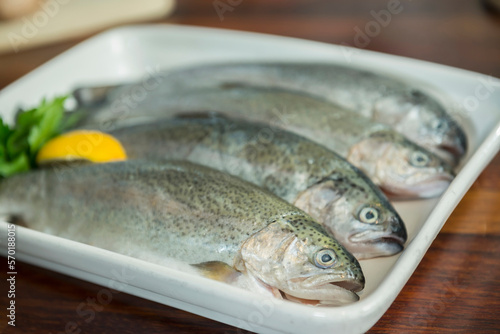 Trout on tray, close up photo