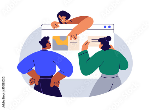 Creative team, work process. Web-designers, developers designing, developing website page with content. Teamwork in technologies concept. Flat vector illustration isolated on white background