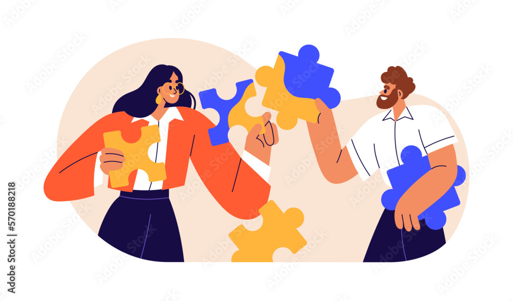 Teamwork, partnership concept. Business team, partners connecting puzzle, matching jigsaw pieces together. Synergy, union, success in cooperation. Flat vector illustration isolated on white background - obrazy, fototapety, plakaty 