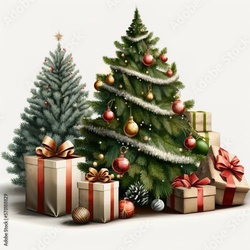 Merry Christmas and Happy New Year festive 3d composition with realistic Christmas trees  gifts box in snow drift  golden confetti. Xmas background winter nature  Holiday design. Generative AI