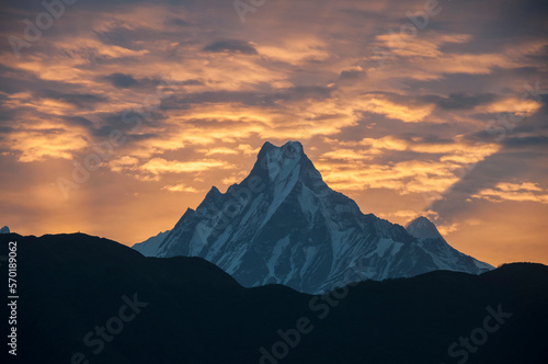 View of Machapuchare mountain at sunrise, Nepal photo