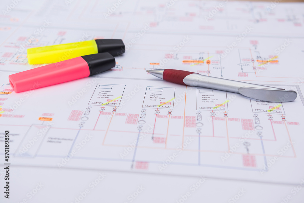 Pen and felt tip marker on electrical blueprint, Munich, Bavaria, Germany Pen and felt tip marker on electrical blueprint, Munich, Bavaria, Germany