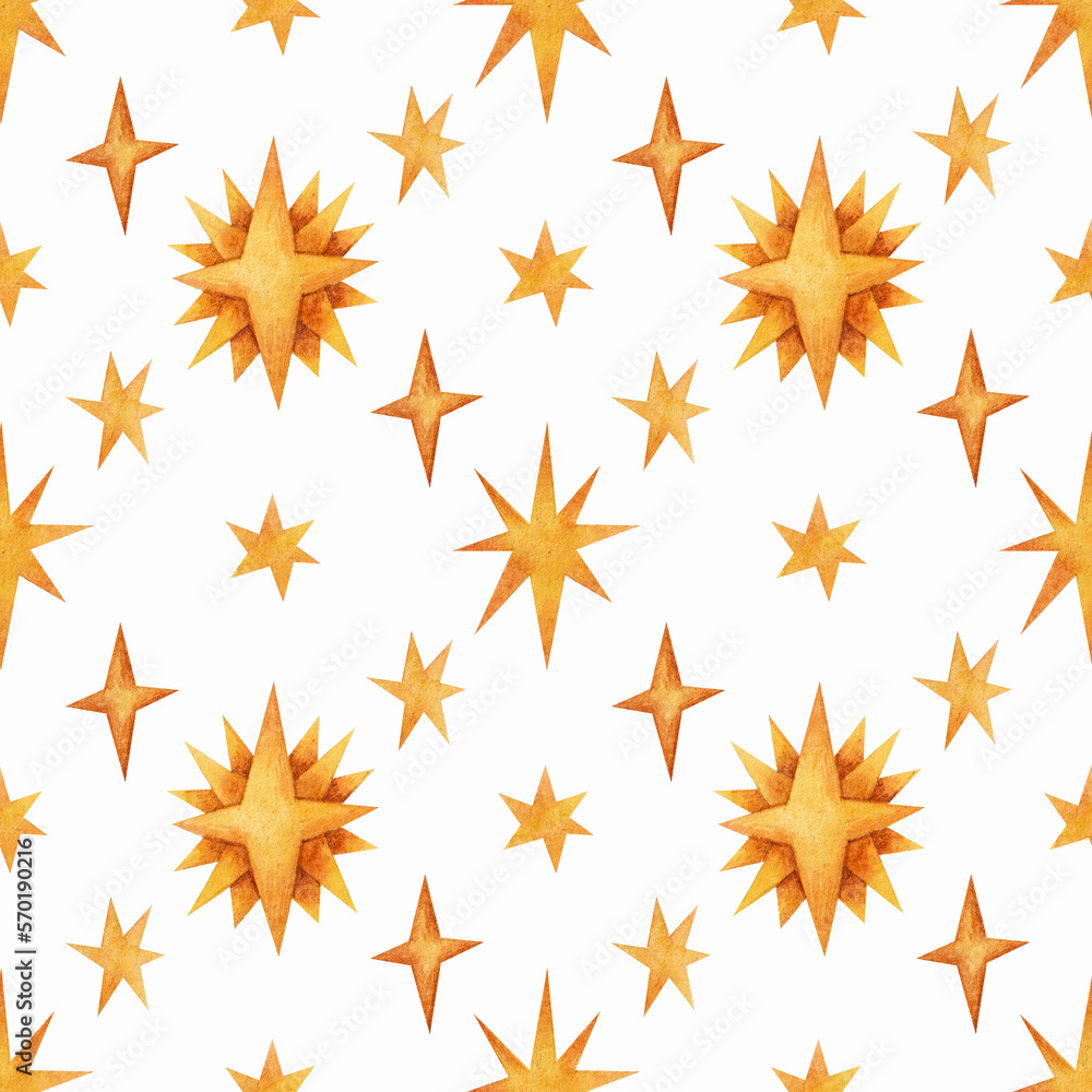Seamless pattern with different yellow stars on a white background. Watercolor illustration. Print on fabric and wrapping paper. Children's wallpaper. Sky. Night. Dreams. Magic. Art. Design. Seamless pattern with different yellow stars on a white background. Watercolor illustration. Print on fabric and wrapping paper. Children's wallpaper. Sky. Night. Dreams. Magic. Art. Design.