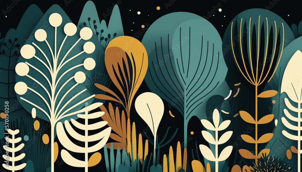 Fototapeta premium An elegant art deco design featuring lush, organic foliage and botanical elements, evoking the beauty and harmony of nature with a touch of vintage flair. Generative AI