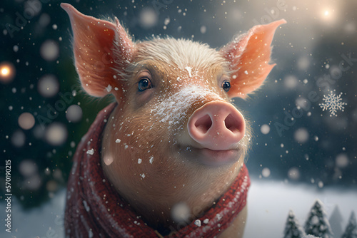 Portrait d'un cochon sous la neige le jour de noël » IA générative photo