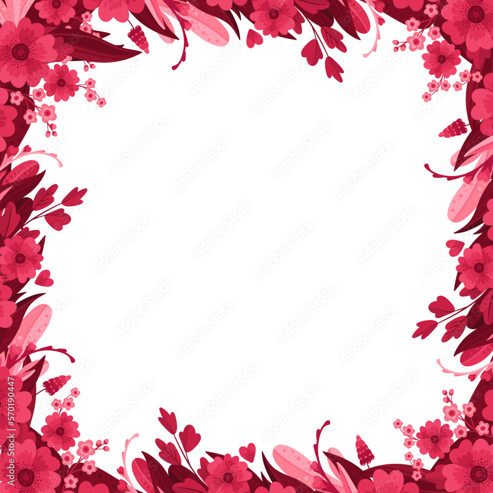 Magenta Floral Arrangements, Blank Template. Square Empty Frame with Blooming Flowers, Red and Pink Leaves and Hearts. Isolated vector clipart, illustration on white background Magenta Floral Arrangements, Blank Template. Square Empty Frame with Blooming Flowers, Red and Pink Leaves and Hearts. Isolated vector clipart, illustration on white background