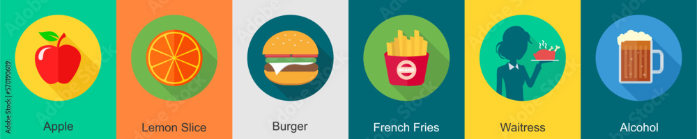 A set of 6 Food icons as apple, lemon slice, burger A set of 6 Food icons as apple, lemon slice, burger