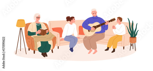 Senior grandparents and grandchildren at home. Elderly grandfather playing music on guitar for kids. Old and young generations of family together. Flat vector illustration isolated on white background